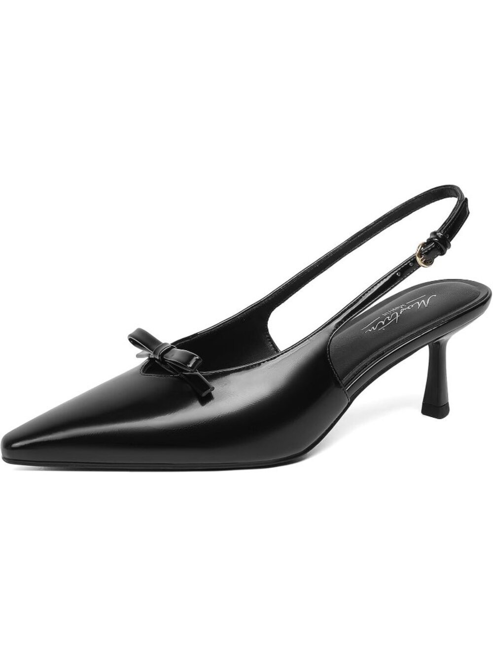 Women's Pointed Toe Patent Leather Black 03Low Heel Slingback Heels Buckle Shoes